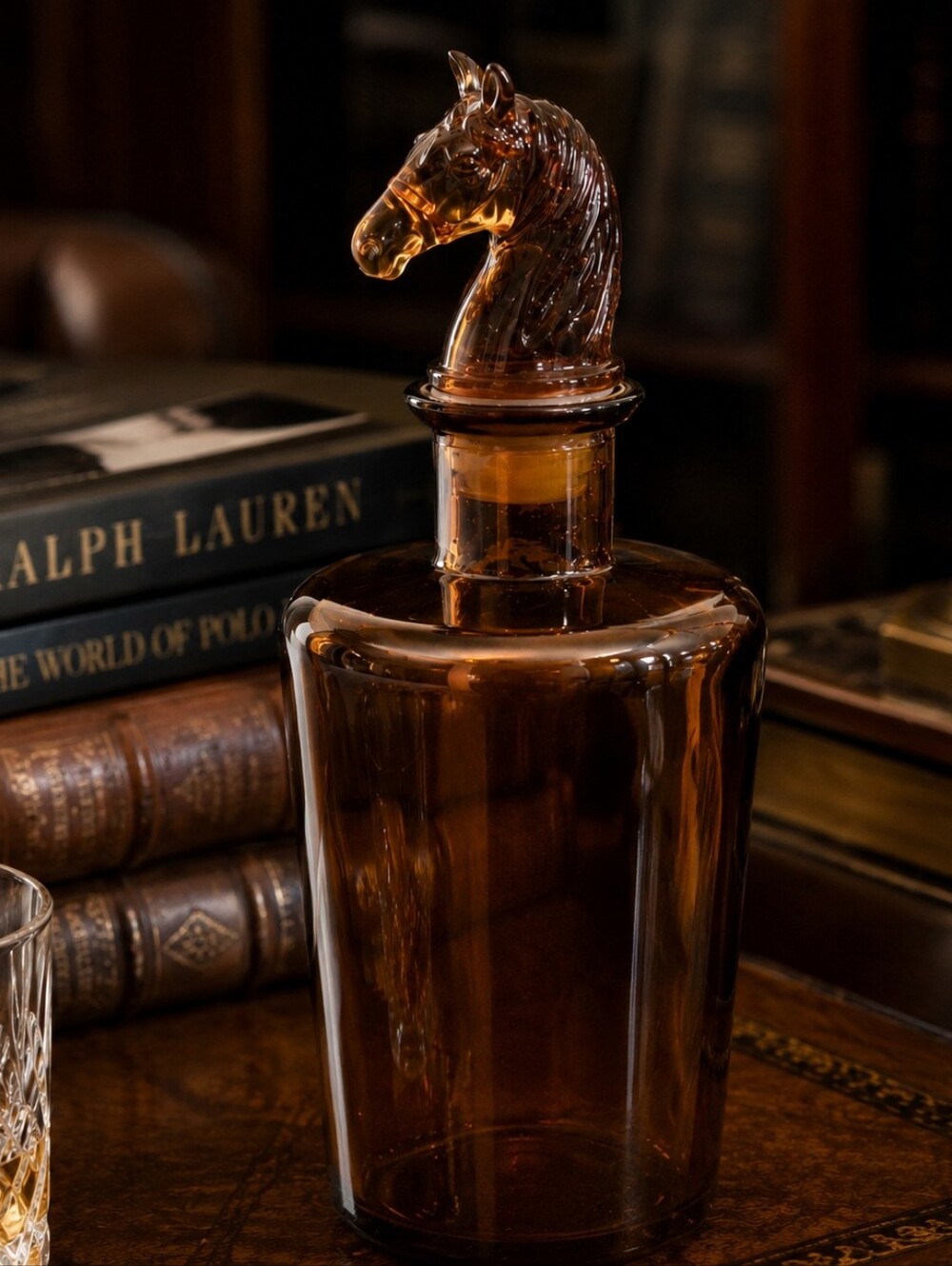 Equestrian Horse Head Glass Decanter Amber Color Whiskey Bar Cart Decor Acadamia